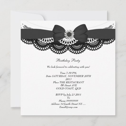 Birthday Black White Lace Bow Stripe Kaart (Achterkant)