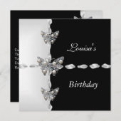 Birthday Black White Silver Pearl Butterfly Party Kaart (Voorkant / Achterkant)