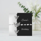 Birthday Black White Silver Pearl Butterfly Party Kaart (Staand voorkant)