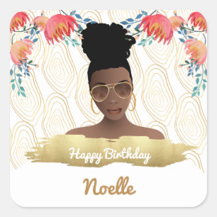 Birthday, Black Woman, Whimsical Gold Vierkante Sticker