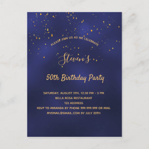 Birthday - blauw goud, eenvoudige uitnodiging