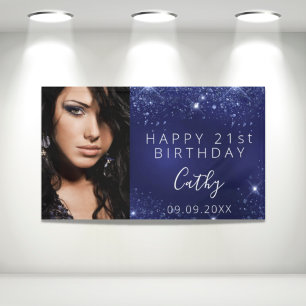 Birthday blauwe glitter op foto op maat spandoek