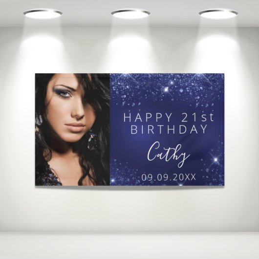 Birthday blauwe glitter op foto op maat spandoek