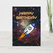 Birthday blauwe raketop aangepaste naam en leeftij kaart (Voorkant)