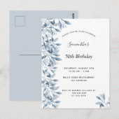 Birthday blauwe witte botanische florale uitnodigi briefkaart (Voorkant / Achterkant)