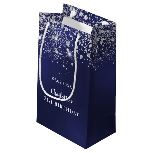 Birthday blauwe witte glitterstofmonogram klein cadeauzakje (Achterkant Gekanteld)