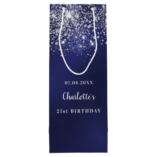 Birthday blauwe witte glitterstofmonogram wijn cadeautas (Achterkant)