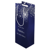 Birthday blauwe witte glitterstofmonogram wijn cadeautas (Voorkant Gekanteld)