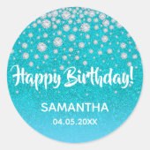 Birthday blauwgroen blauwe groene glitter naam dia ronde sticker (Voorkant)