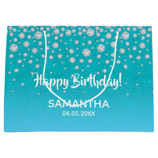 Birthday blauwgroen blauwe groene glitter naam groot cadeauzakje (Voorkant)