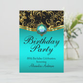 Birthday Blauwgroen Blue Black Gold Damask Kaart (Staand voorkant)