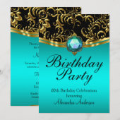 Birthday Blauwgroen Blue Black Gold Damask Kaart (Voorkant / Achterkant)