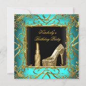 Birthday Blauwgroen Blue Gold Black Lipstick Kaart (Voorkant)