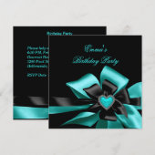 Birthday Blauwgroen Blue Heart Black Bow Afbeeldin Kaart (Voorkant / Achterkant)