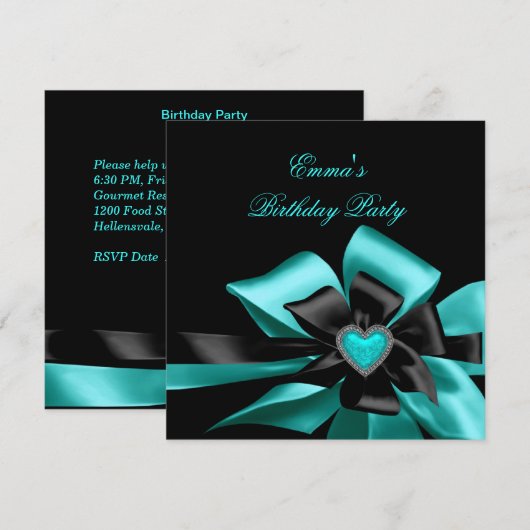 Birthday Blauwgroen Blue Heart Black Bow Afbeeldin Kaart (Voorkant / Achterkant)