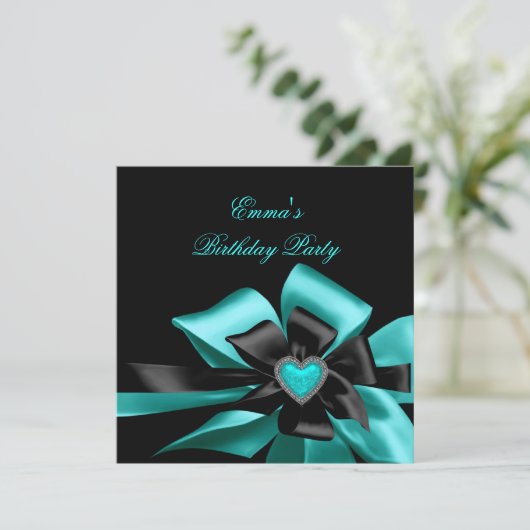 Birthday Blauwgroen Blue Heart Black Bow Afbeeldin Kaart (Staand voorkant)