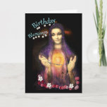 Birthday Blessings en een mooie keepasje Kaart<br><div class="desc">Het katholieke Wenskaart van de verslaafde Madonna die een rosarie vasthoudt,  onder de bloemen en haar glimlach spreekt een versleten verjaardag tegen je. U kunt het binnenbericht gemakkelijk veranderen als u wilt,  enkel het aanpassen.</div>