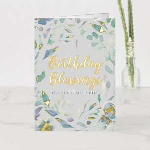 Birthday Blessings Paarse Waterverf Floral Gold Folie Wenskaart
