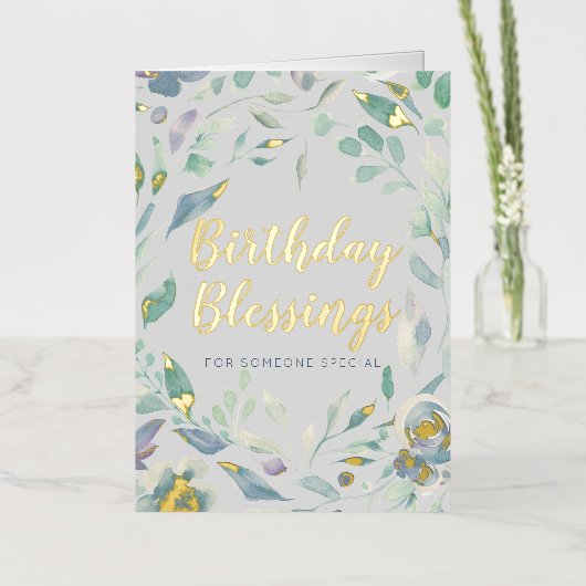Birthday Blessings Paarse Waterverf Floral Gold Folie Wenskaart (Bloemen)