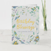 Birthday Blessings Paarse Waterverf Floral Gold Folie Wenskaart (Voorkant)