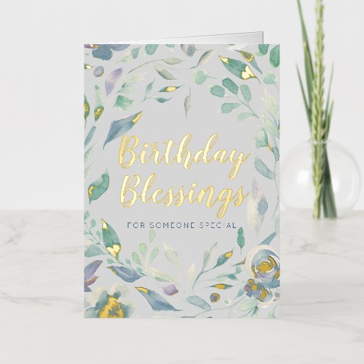 Birthday Blessings Paarse Waterverf Floral Gold Folie Wenskaart (Voorkant)