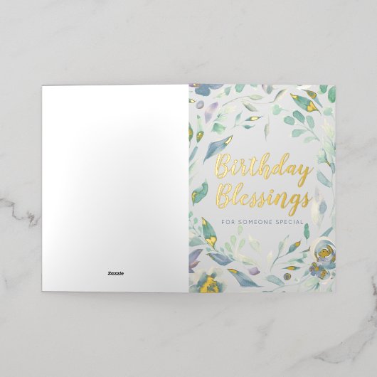 Birthday Blessings Paarse Waterverf Floral Gold Folie Wenskaart (Buiten Laag)