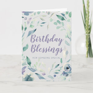 Birthday Blessings Paarse Waterverf Floral Kaart