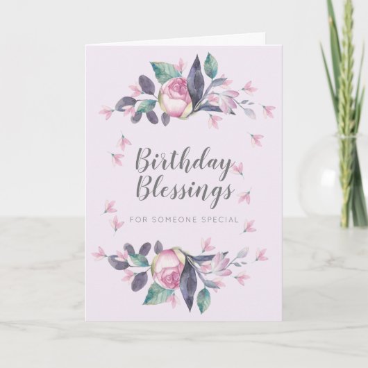 Birthday Blessings Pink Waterverf Floral Kaart (Voorkant)