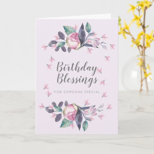 Birthday Blessings Pink Waterverf Floral Kaart (Gele Bloem)