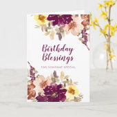 Birthday Blessings Plum Waterverf Floral Kaart (Gele Bloem)
