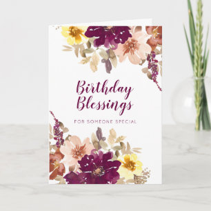Birthday Blessings Plum Waterverf Floral Kaart