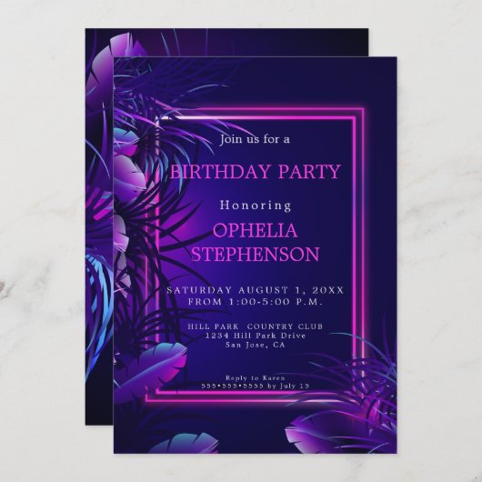 Birthday | Bloed tropische neondag Kaart (Voorkant / Achterkant)