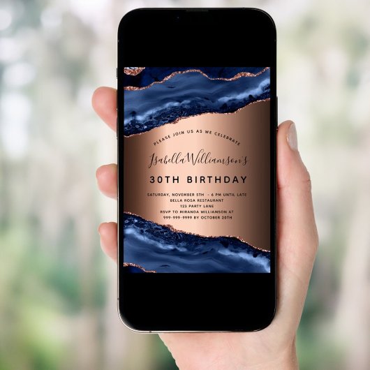 Birthday blue agate marmer roos gold kaart