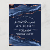 Birthday blue agate marmer roos gold uitnodiging briefkaart (Voorkant)