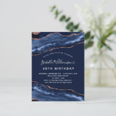 Birthday blue agate marmer roos gold uitnodiging briefkaart (Staand voorkant)