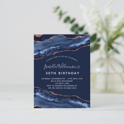 Birthday blue agate marmer roos gold uitnodiging briefkaart (Staand voorkant)