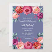 Birthday blue blush roze florals elegant kaart (Voorkant)