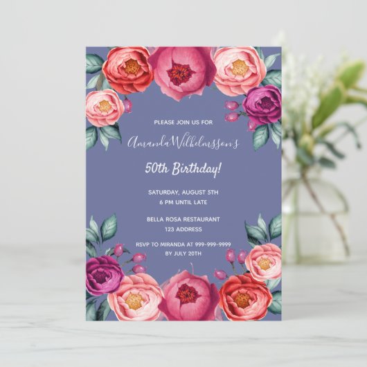 Birthday blue blush roze florals elegant kaart (Staand voorkant)