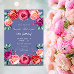 Birthday blue blush roze florals elegant kaart<br><div class="desc">Een elegante uitnodigingskaart voor een 50e (of om het even welke leeftijd) verjaardagsfeestje. Met stomheid roze,  paarse en goudkleurige bloemen met roos als decoratie. Een trendy blauwe achtergrond. De naam wordt geschreven met een handgeschreven stijlmanuscript met letters.</div>