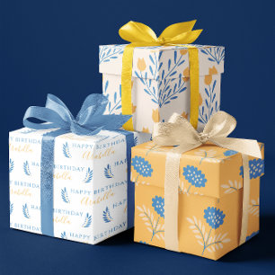 Birthday Blue en Oranje Floral Wrapping Sheets Inpakpapier Vel