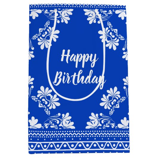 Birthday Blue en White Bandanna Medium Gift Bag Medium Cadeauzakje (Voorkant)