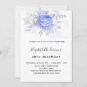 Birthday blue florals elegant zilverwit kaart (Voorkant)