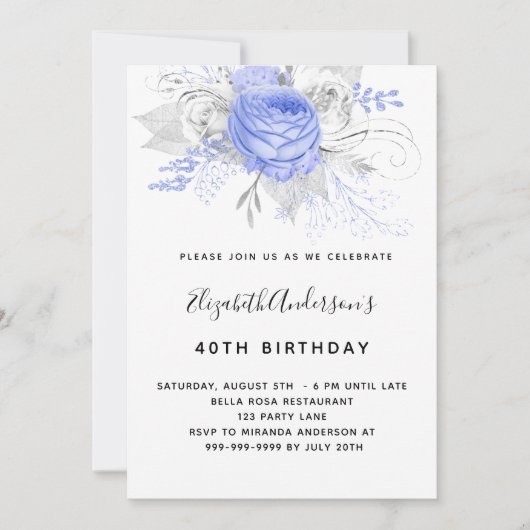 Birthday blue florals elegant zilverwit kaart (Voorkant)