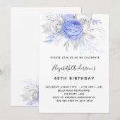 Birthday blue florals elegant zilverwit kaart (Voorkant / Achterkant)
