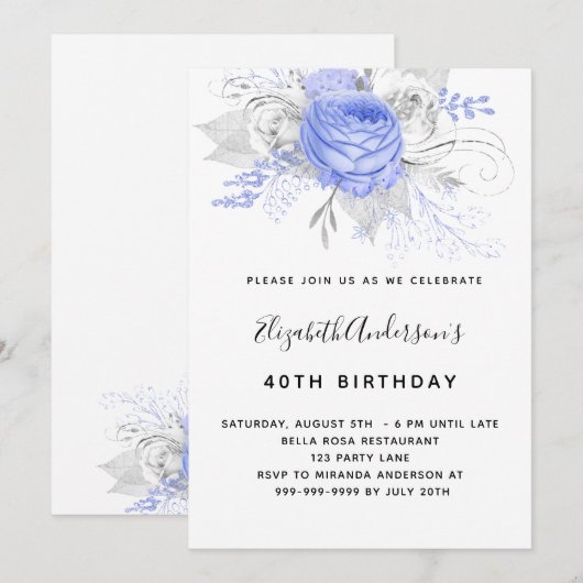 Birthday blue florals elegant zilverwit kaart (Voorkant / Achterkant)