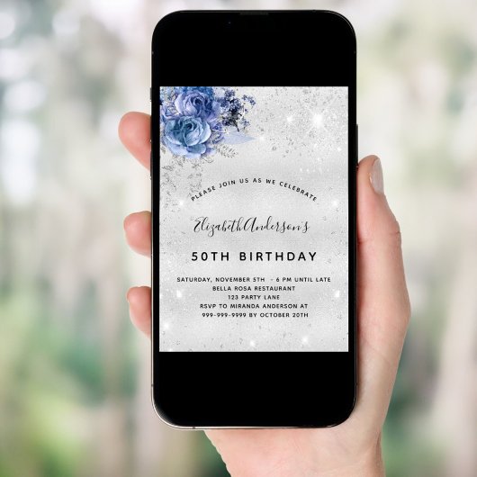 Birthday blue florals zilverglitter glamoureus kaart