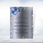 Birthday blue florals zilverglitterstof kaart