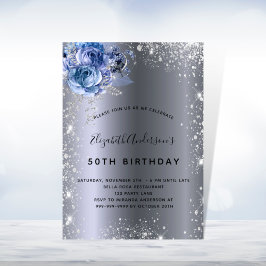 Birthday blue florals zilverglitterstof kaart