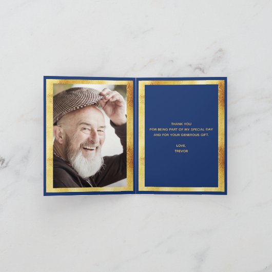 Birthday blue gold confetti foto bedankkaart (Binnen)