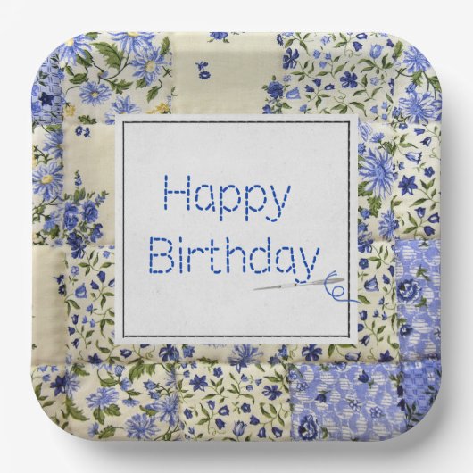 Birthday Blue Quilt met Needle Papieren Bordje (Voorkant)